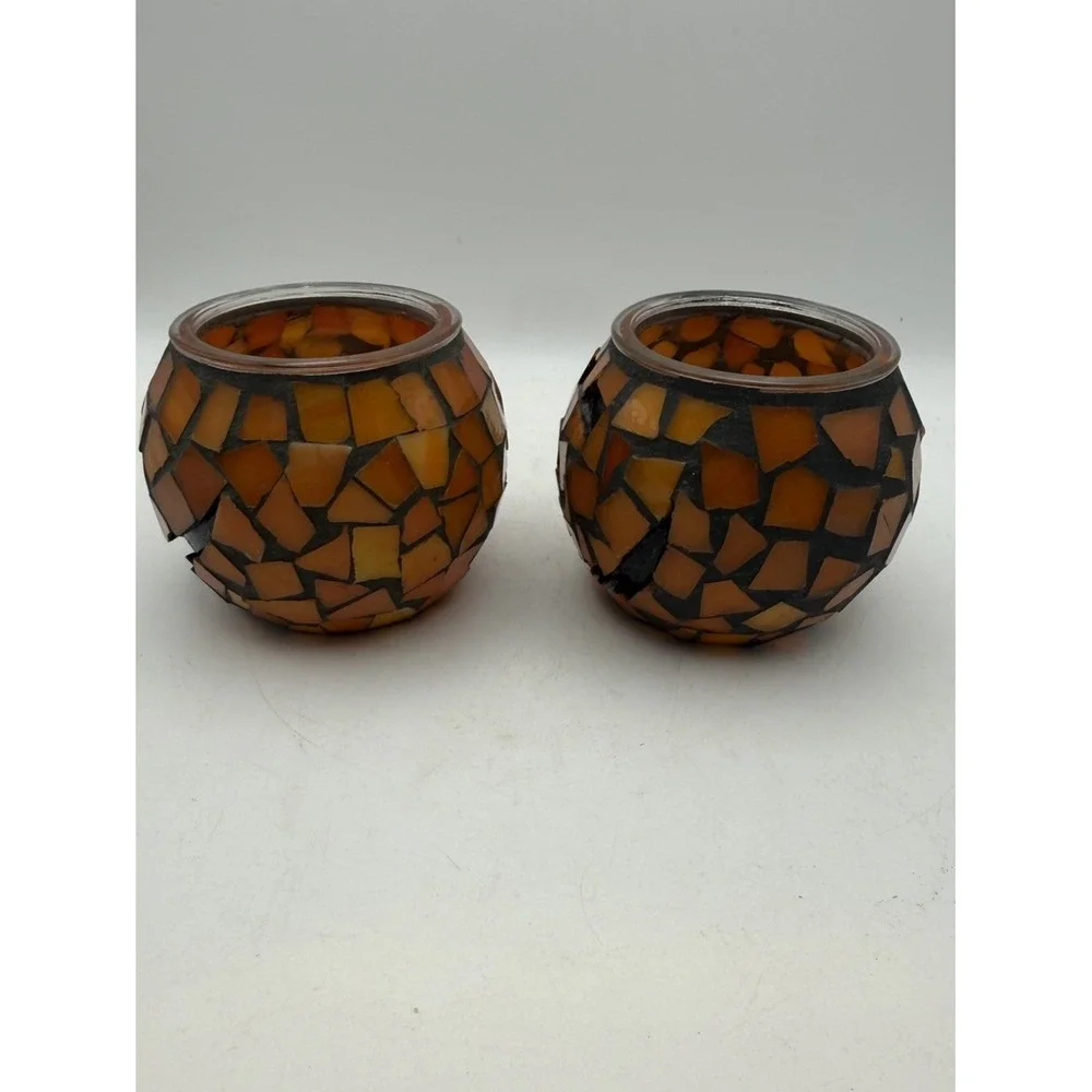 Set of 2 Mosaic Glass Pumpkin Jack O Lantern Tealight Candle Holders Halloween